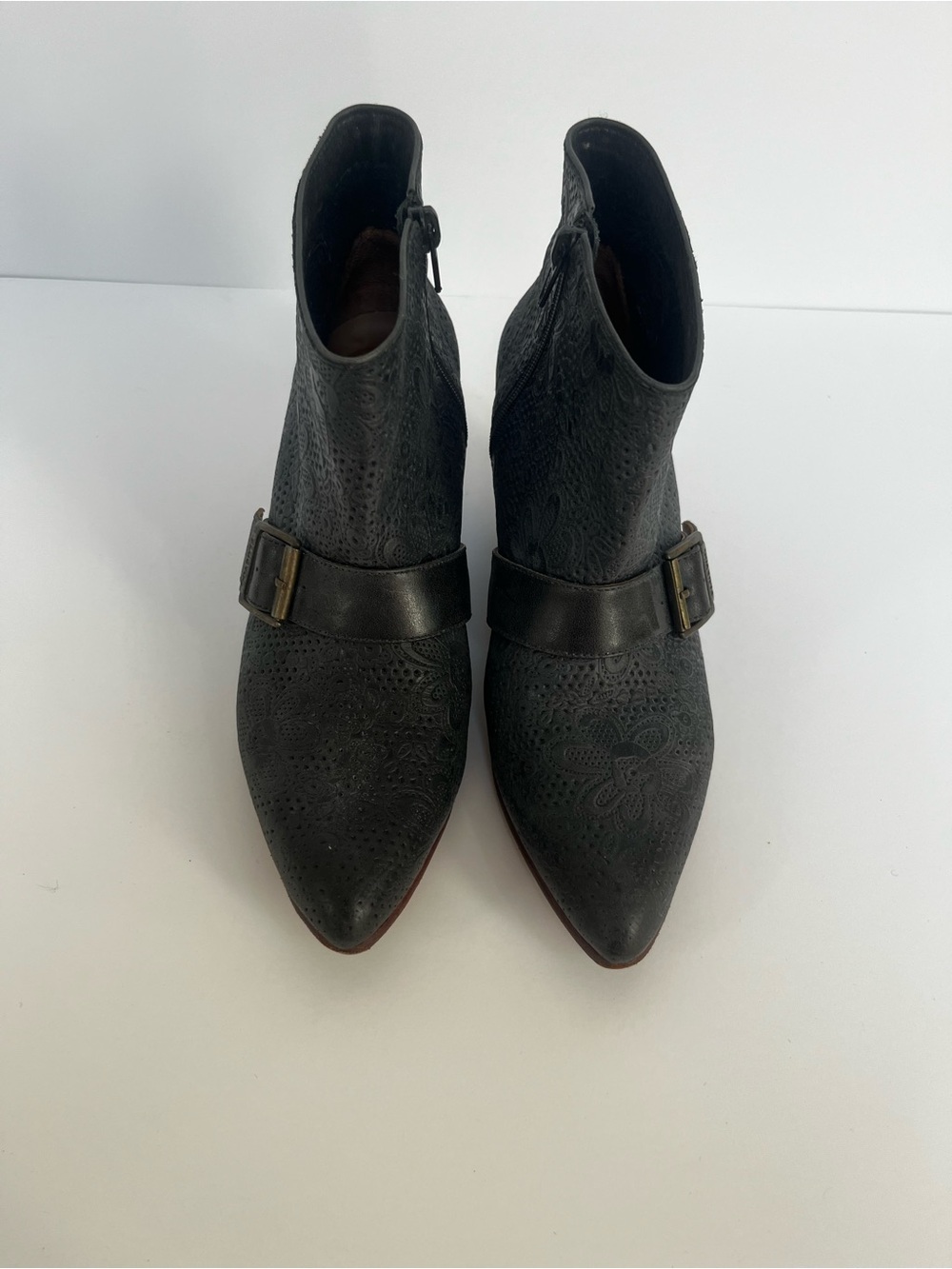 John Fluevog Black Pointed Leather Ankle Booties with Buckle Strap